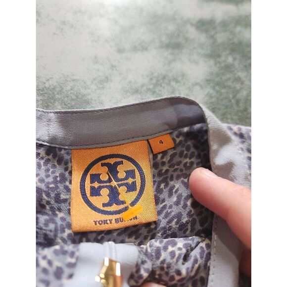 Tory Burch blue leopard silk ruffle front sheer button down shirt sz 4 - Picture 2 of 3